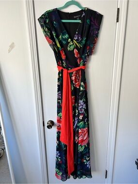 Black Floral Maxi Wrap Dress with Red Sash